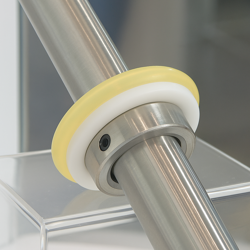 Roller guide system using dual-layer seals for scratch-free, low-friction transport in panel or coating equipment.